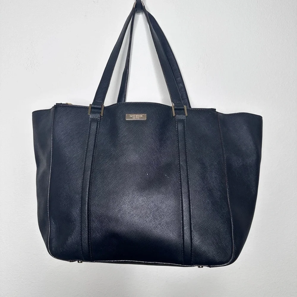 Kate Spade New York Black Saffiano Leather Triple Compartment Tote Bag Large